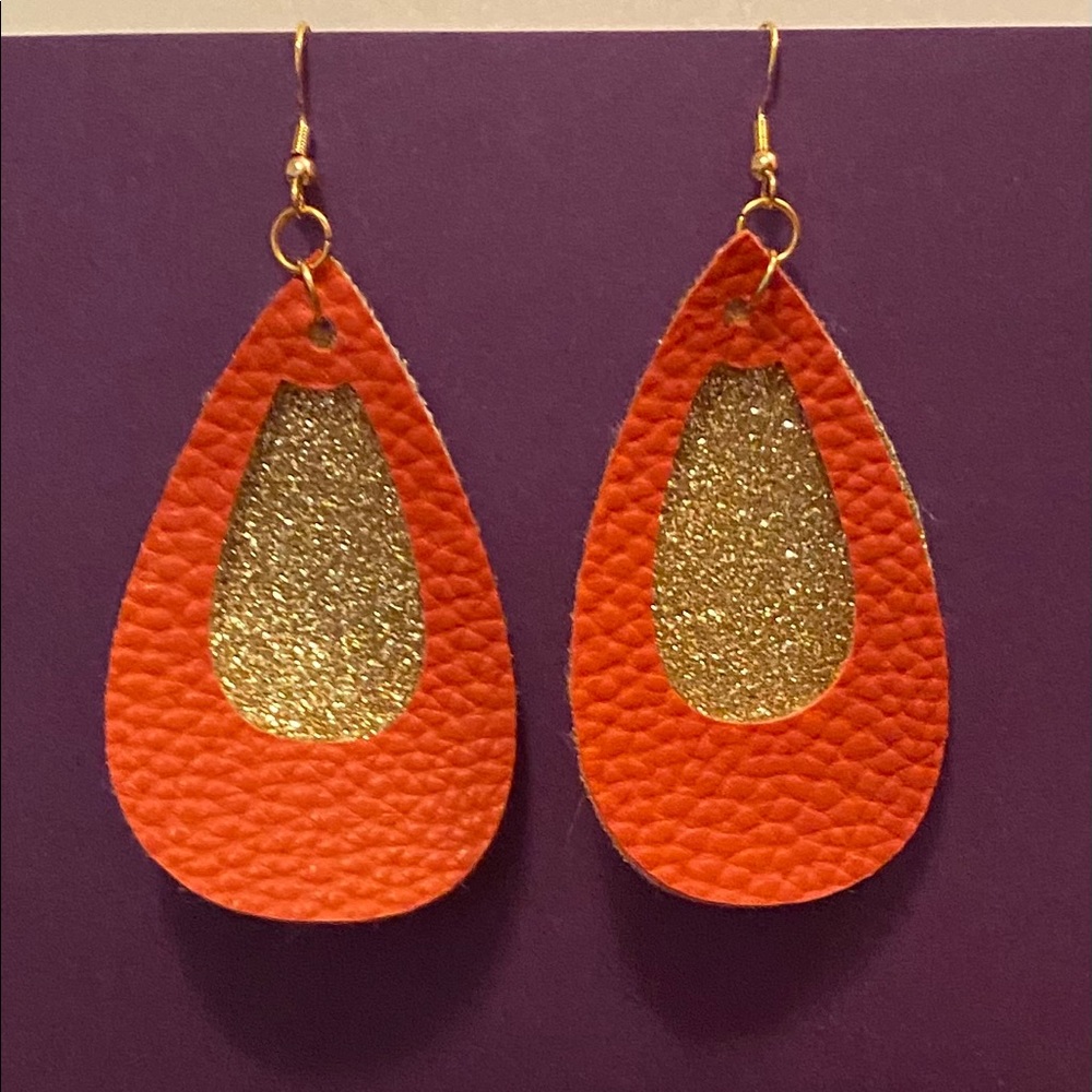 Handmade Faux Leather Gold and Orange Earrings